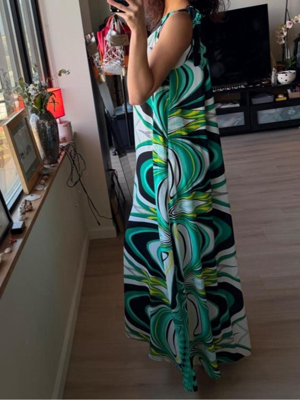 One-Shoulder Maxi Dress in Green Swirl Print - Picture 2 of 6